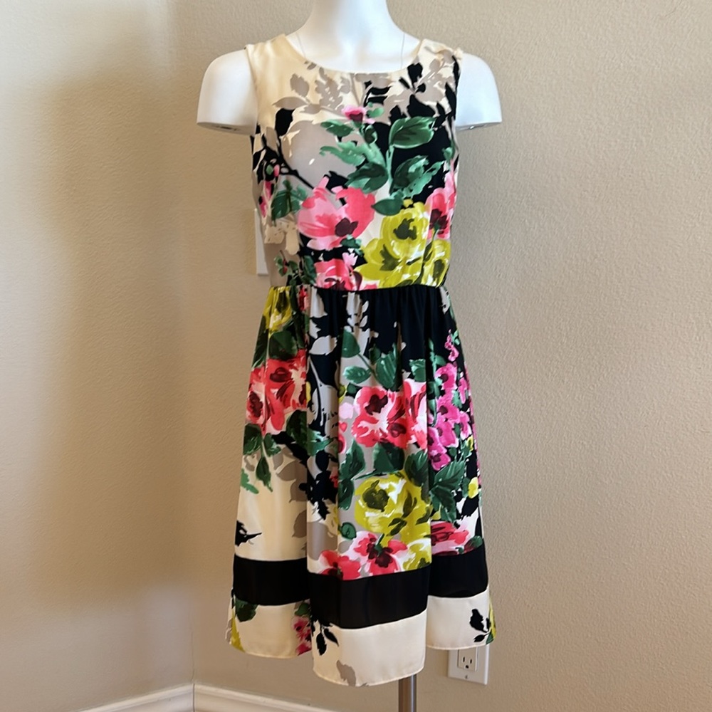 Donna Ricco New York Floral Mini Dress 8 Sleeveless Multi Color Black Gold Trim